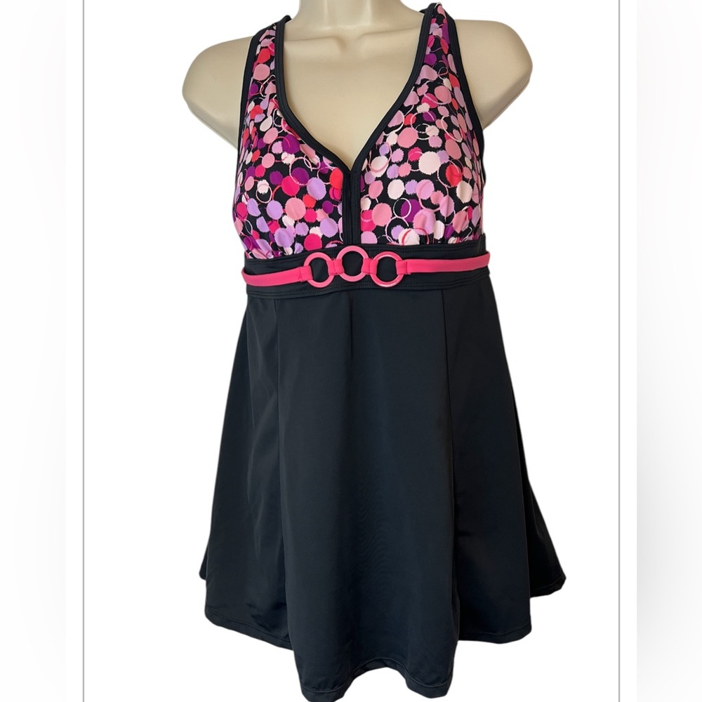 Swim 365 Women's‎ 14W  Pink Polka Dot Adjustable Straps Black Skirted Swimdress